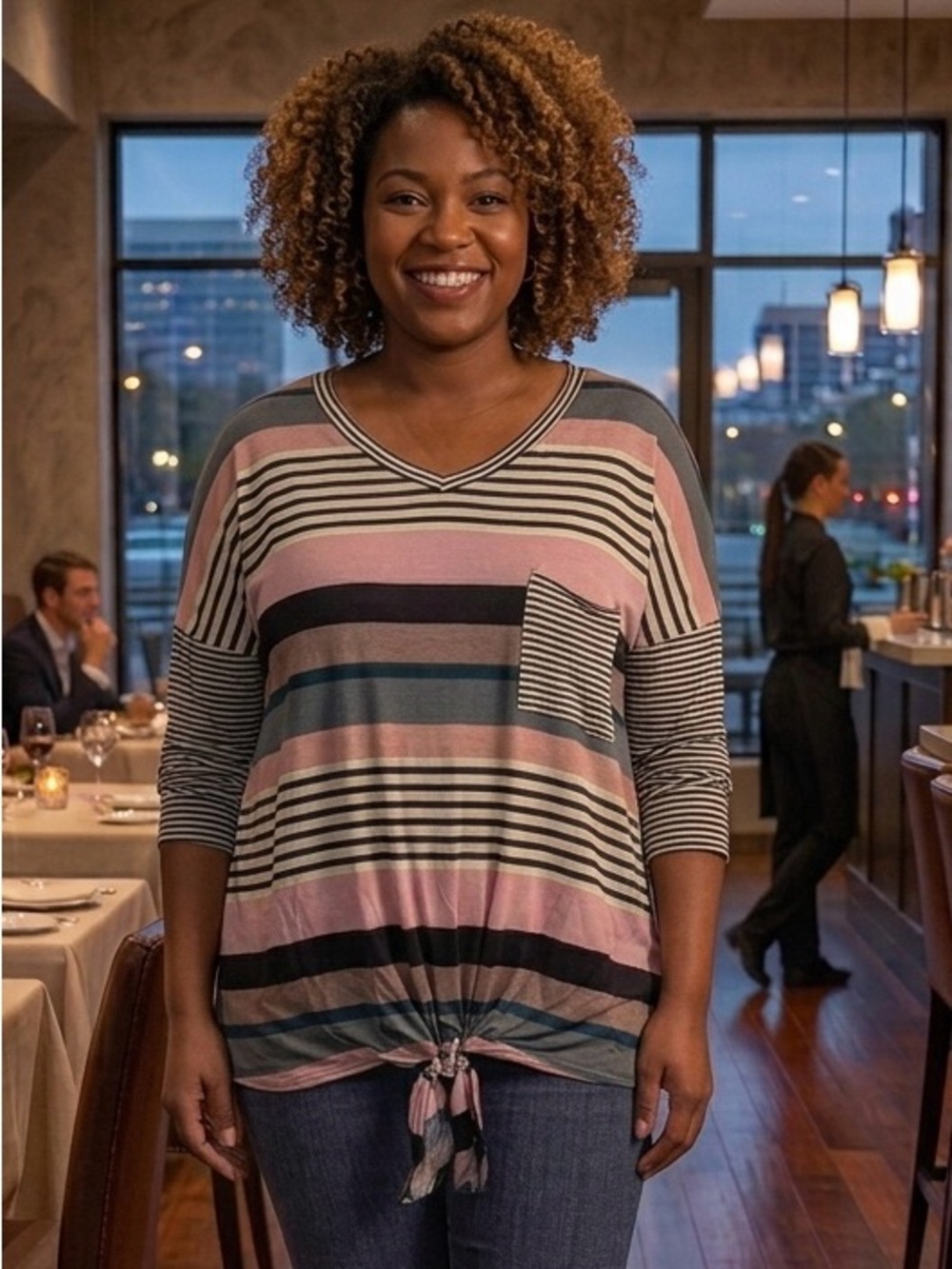 Striped V-Neck Tie-Hem Long Sleeve Top - Pink Multi